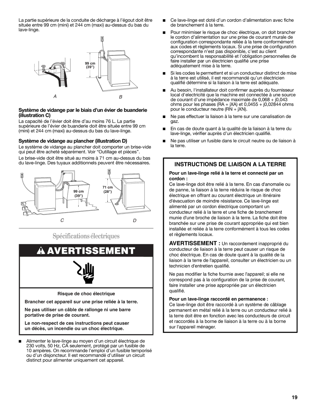 Whirlpool W10038060 installation instructions Spécifications électriques, Système de vidange au plancher illustration D 