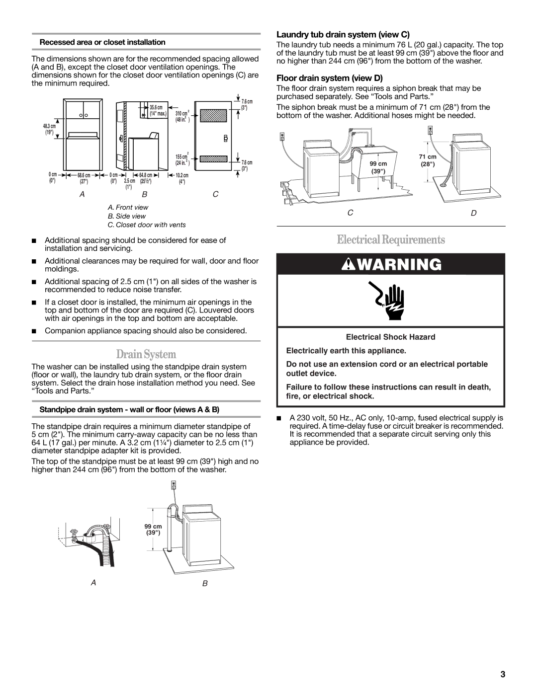 Whirlpool W10038060 Drain System, Electrical Requirements, Laundry tub drain system view C, Floor drain system view D 