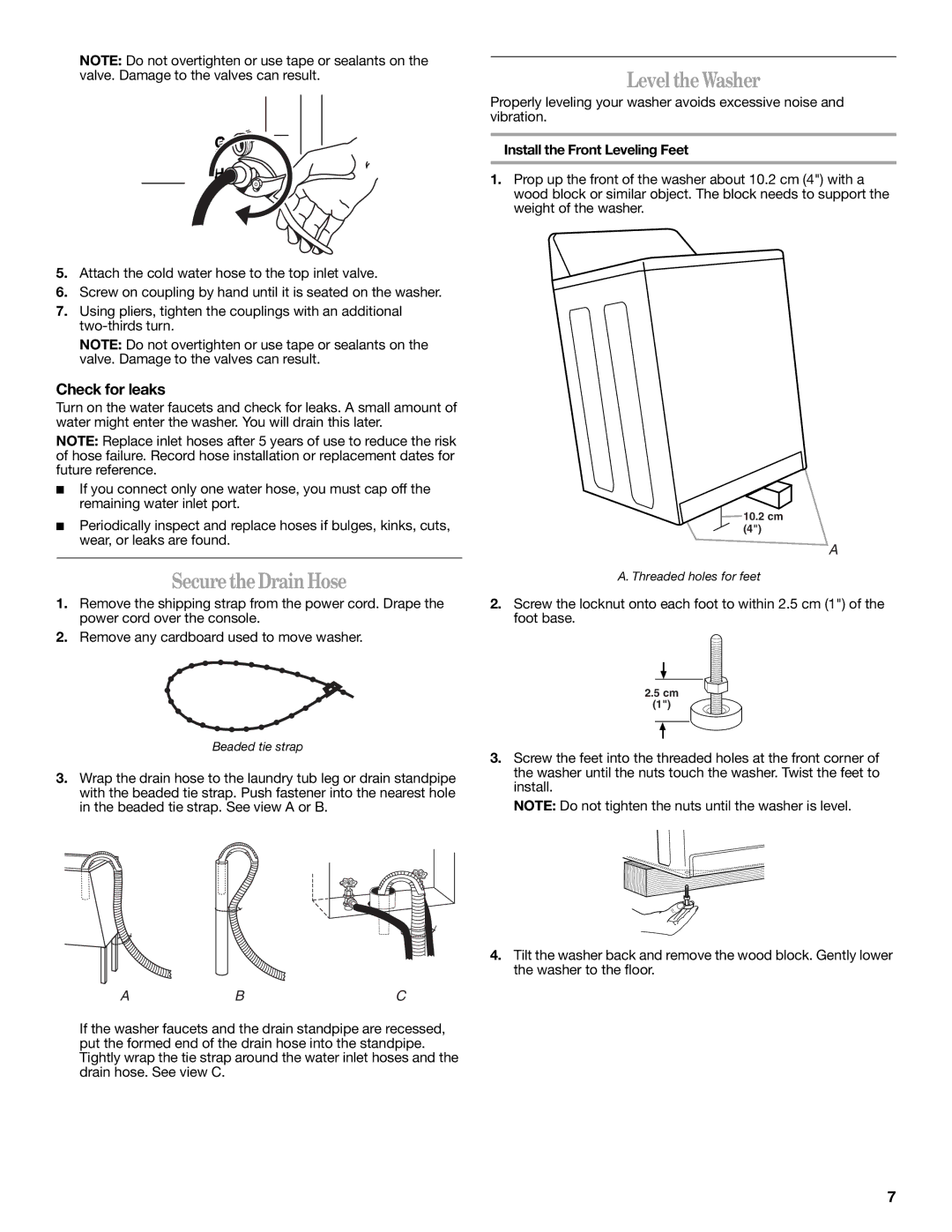 Whirlpool W10038060 Secure the Drain Hose, Level the Washer, Check for leaks, Install the Front Leveling Feet 