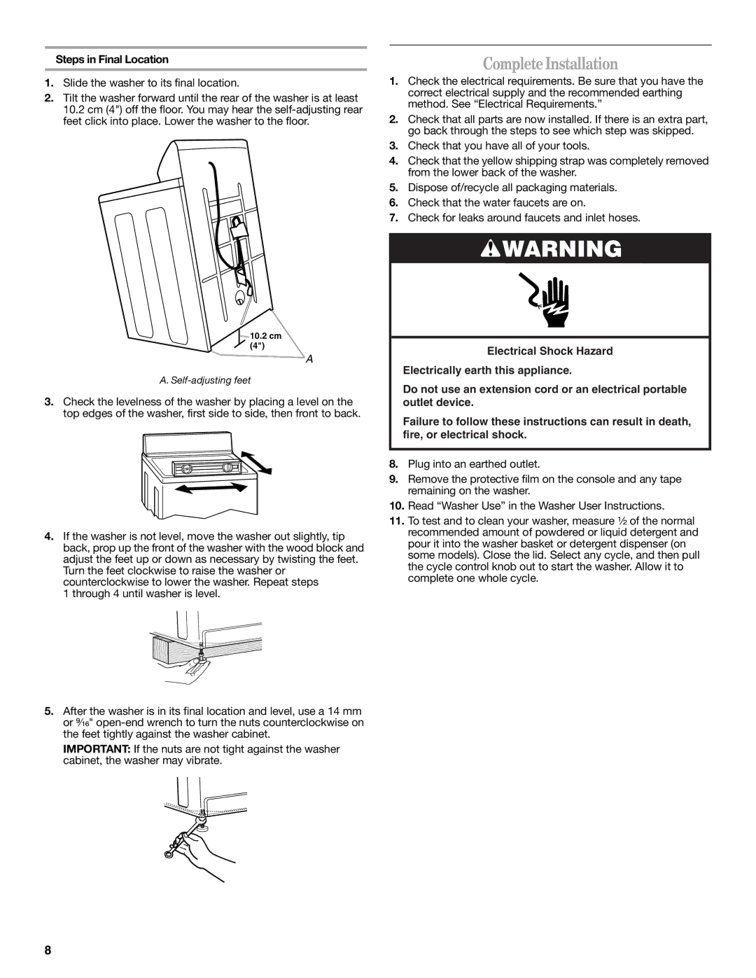 Whirlpool W10038060 Complete Installation, Steps in Final Location, Slide the washer to its final location 