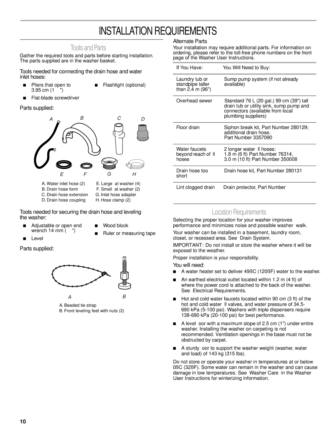 Whirlpool W10038070 ToolsandParts, LocationRequirements, Parts supplied, Alternate Parts, You will need 