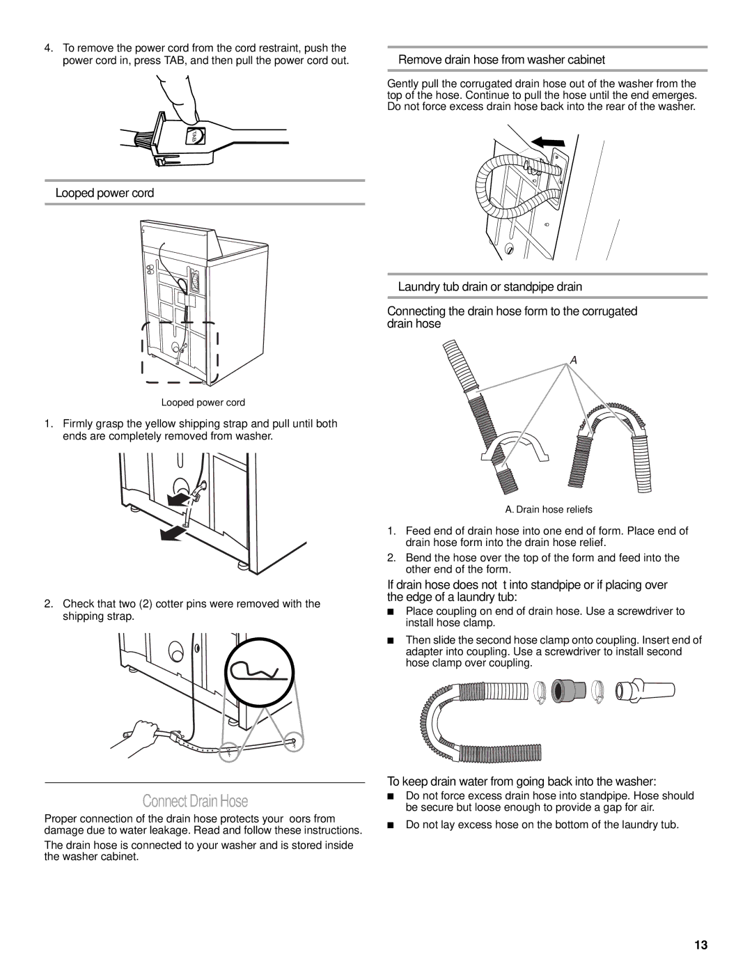 Whirlpool W10038070 installation instructions ConnectDrainHose, Looped power cord, Remove drain hose from washer cabinet 