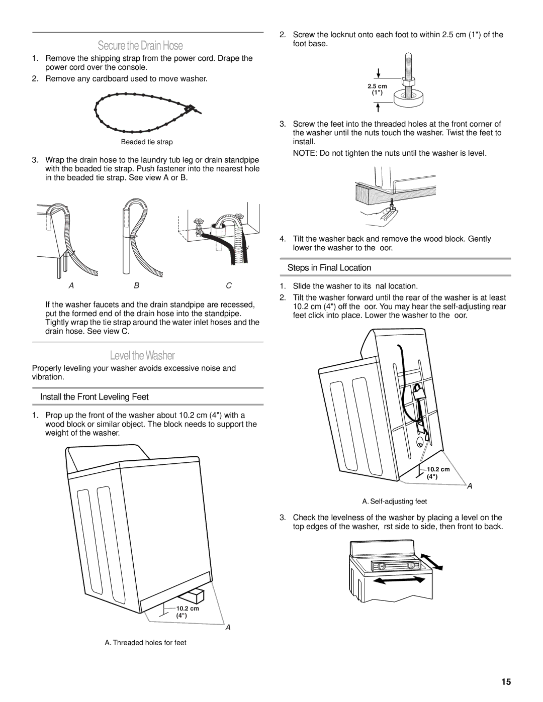 Whirlpool W10038070 SecuretheDrainHose, LeveltheWasher, Install the Front Leveling Feet, Steps in Final Location 