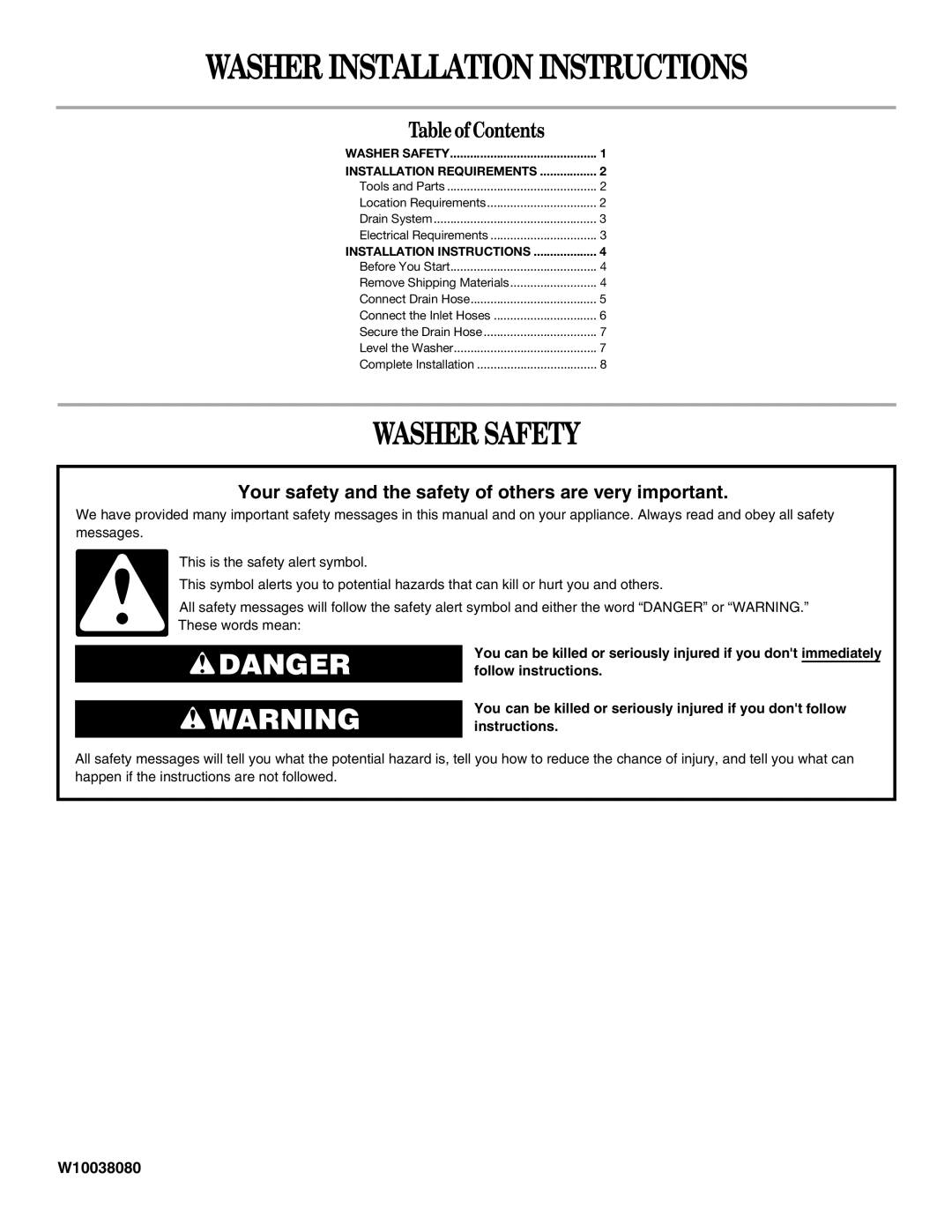 Whirlpool W10038080 installation instructions Washer Installation Instructions, Washer Safety 