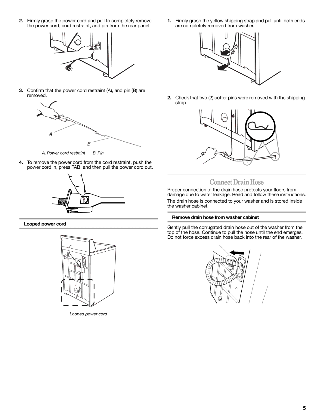 Whirlpool W10038080 installation instructions Connect Drain Hose, Remove drain hose from washer cabinet Looped power cord 