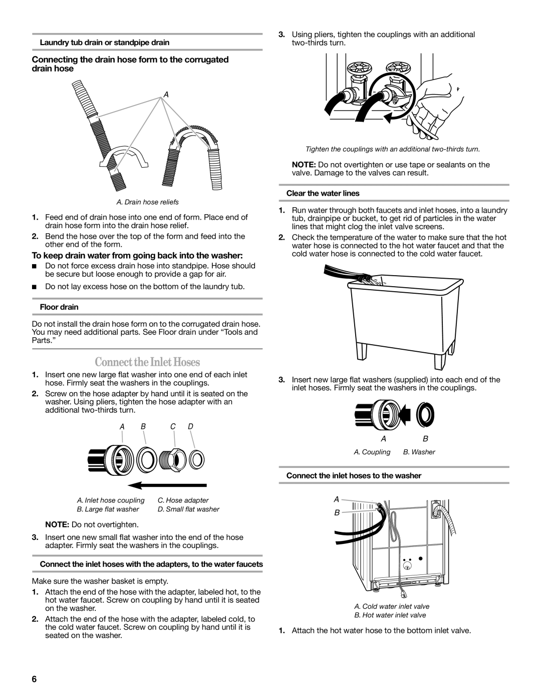 Whirlpool W10038080 Connect the Inlet Hoses, Connecting the drain hose form to the corrugated drain hose 