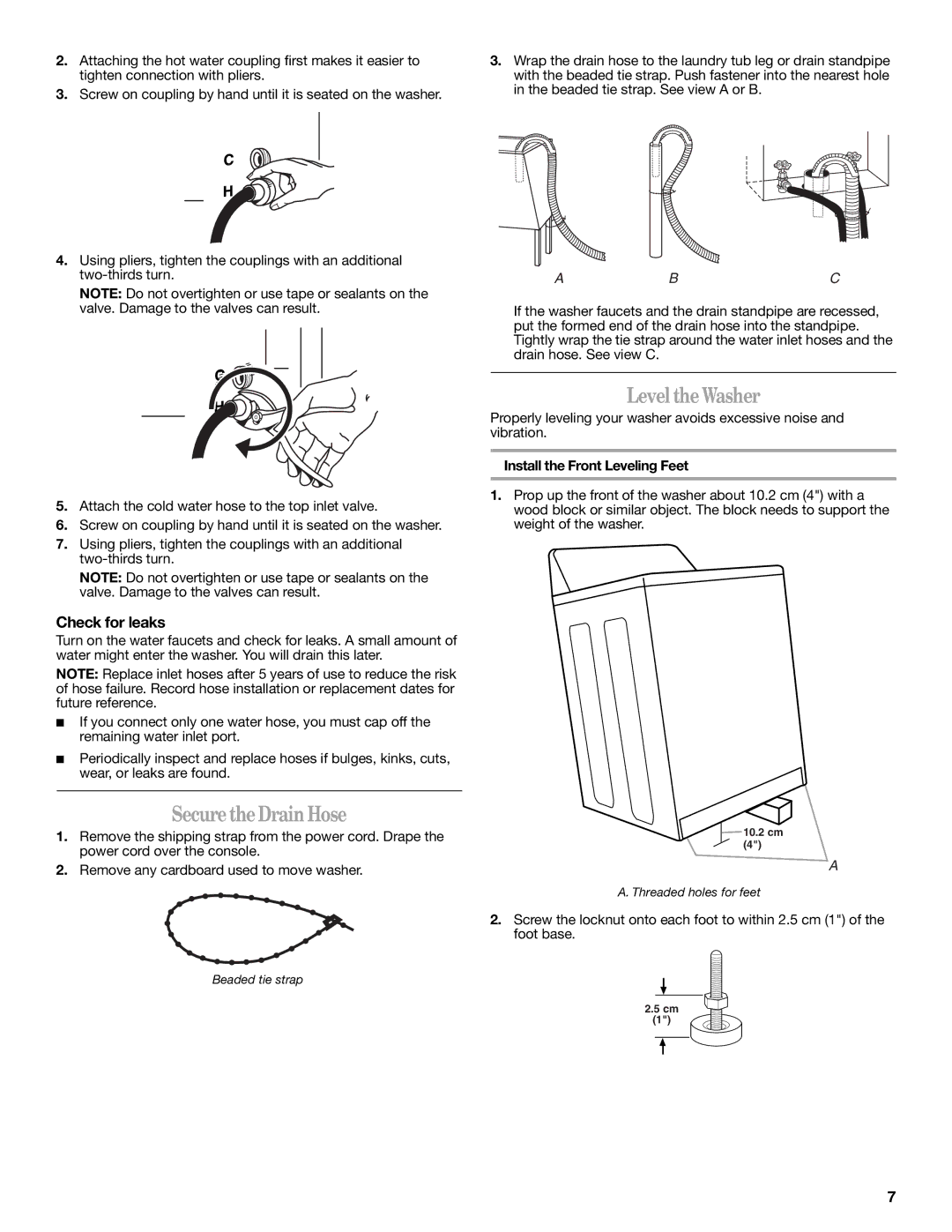 Whirlpool W10038080 Secure the Drain Hose, Level the Washer, Check for leaks, Abc, Install the Front Leveling Feet 