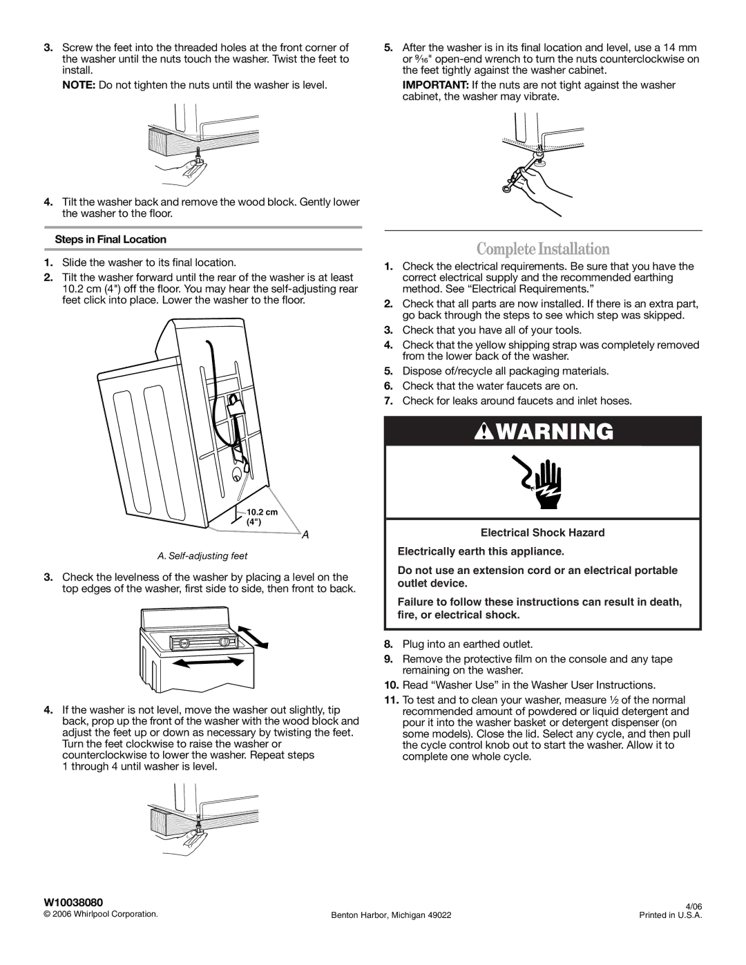 Whirlpool W10038080 installation instructions Complete Installation, Steps in Final Location 