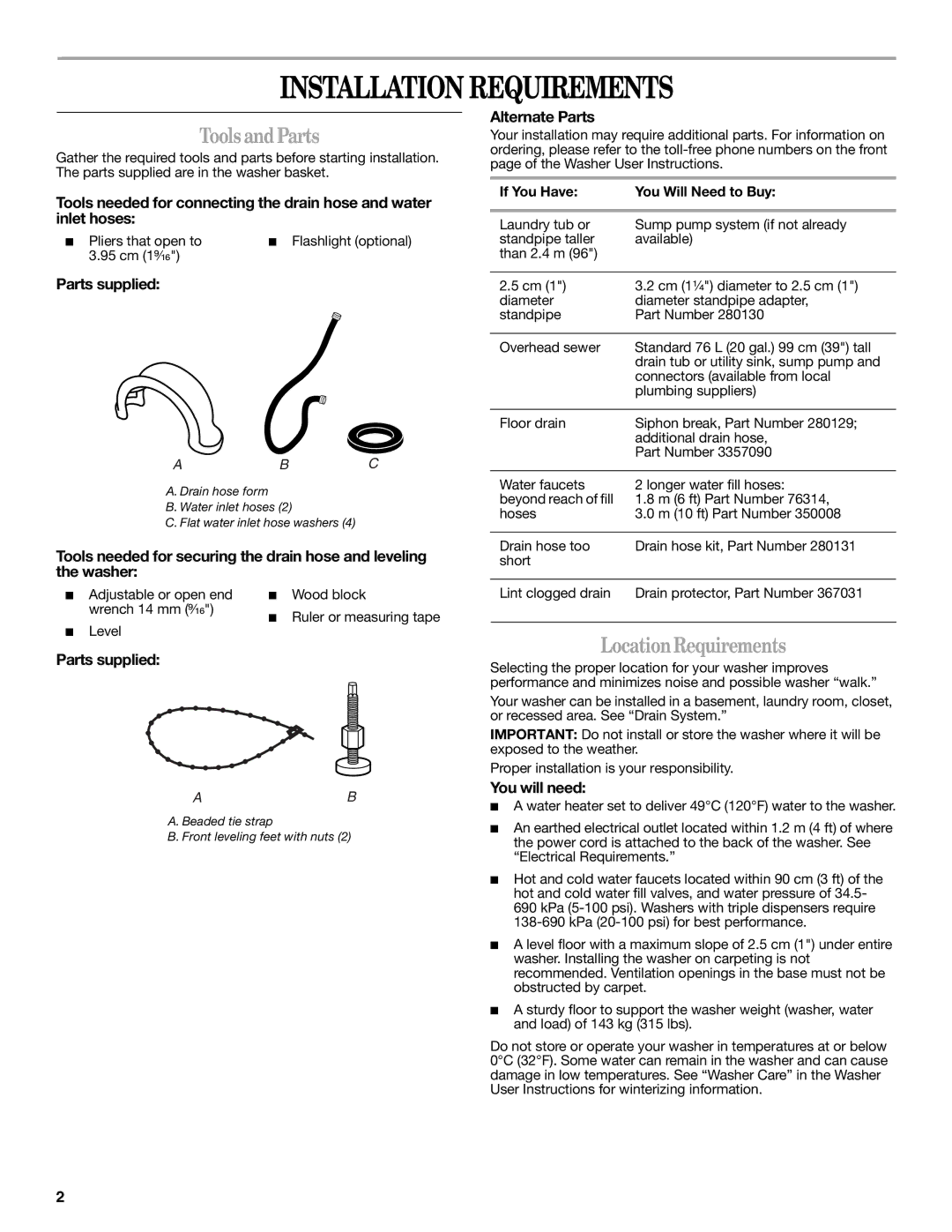 Whirlpool W10038090 installation instructions Installation Requirements, Tools and Parts, Location Requirements 