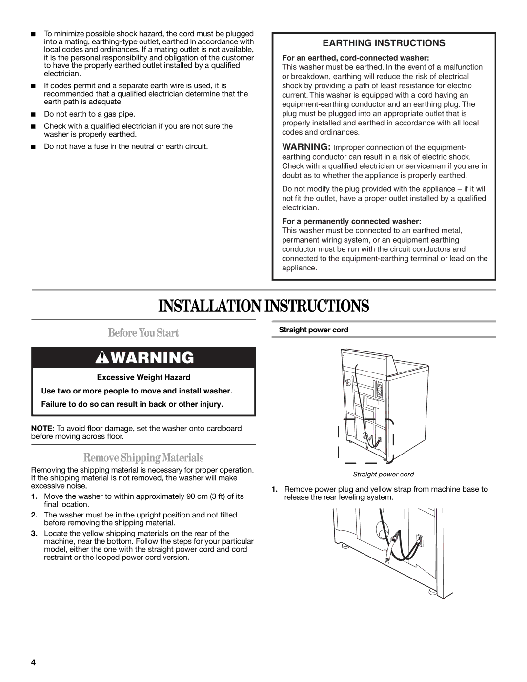 Whirlpool W10038090 Installation Instructions, Before You Start, Remove Shipping Materials, Straight power cord 