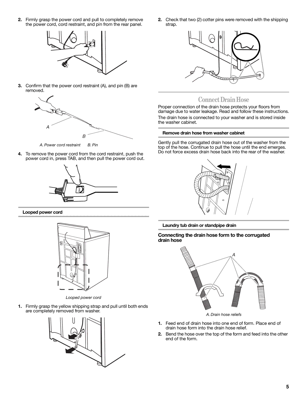 Whirlpool W10038090 Connect Drain Hose, Connecting the drain hose form to the corrugated drain hose, Looped power cord 