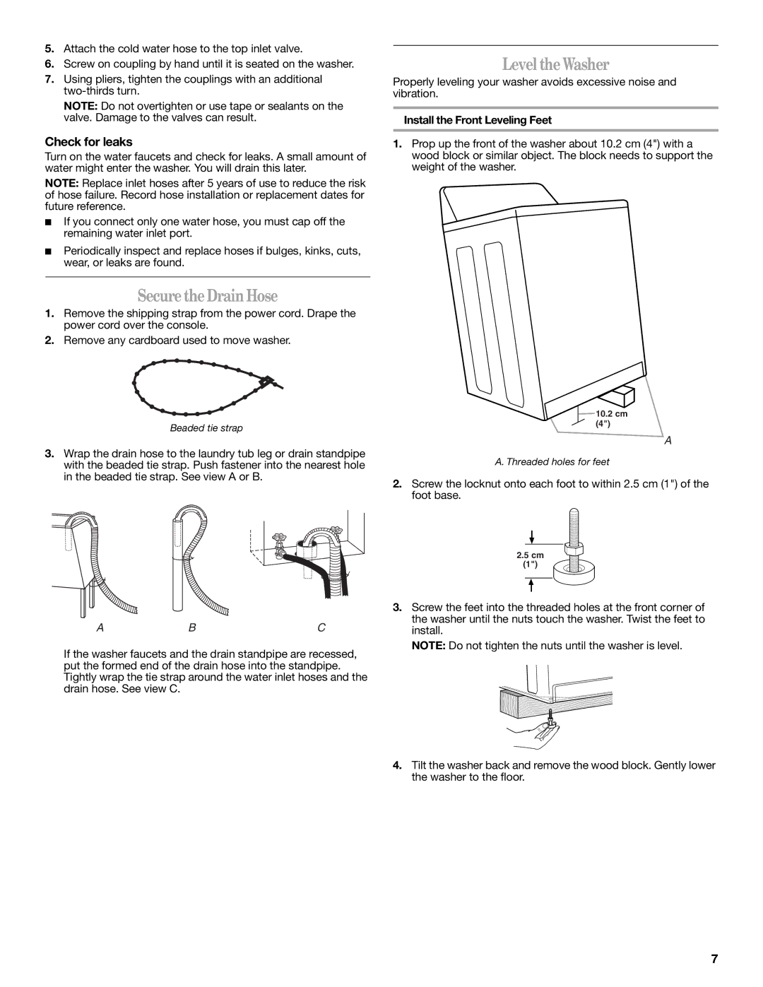 Whirlpool W10038090 Secure the Drain Hose, Level the Washer, Check for leaks, Install the Front Leveling Feet 