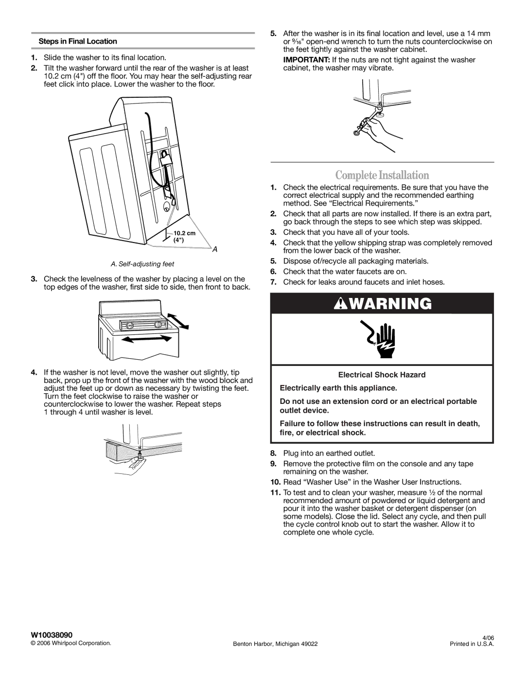 Whirlpool W10038090 installation instructions Complete Installation, Steps in Final Location, Self-adjusting feet 