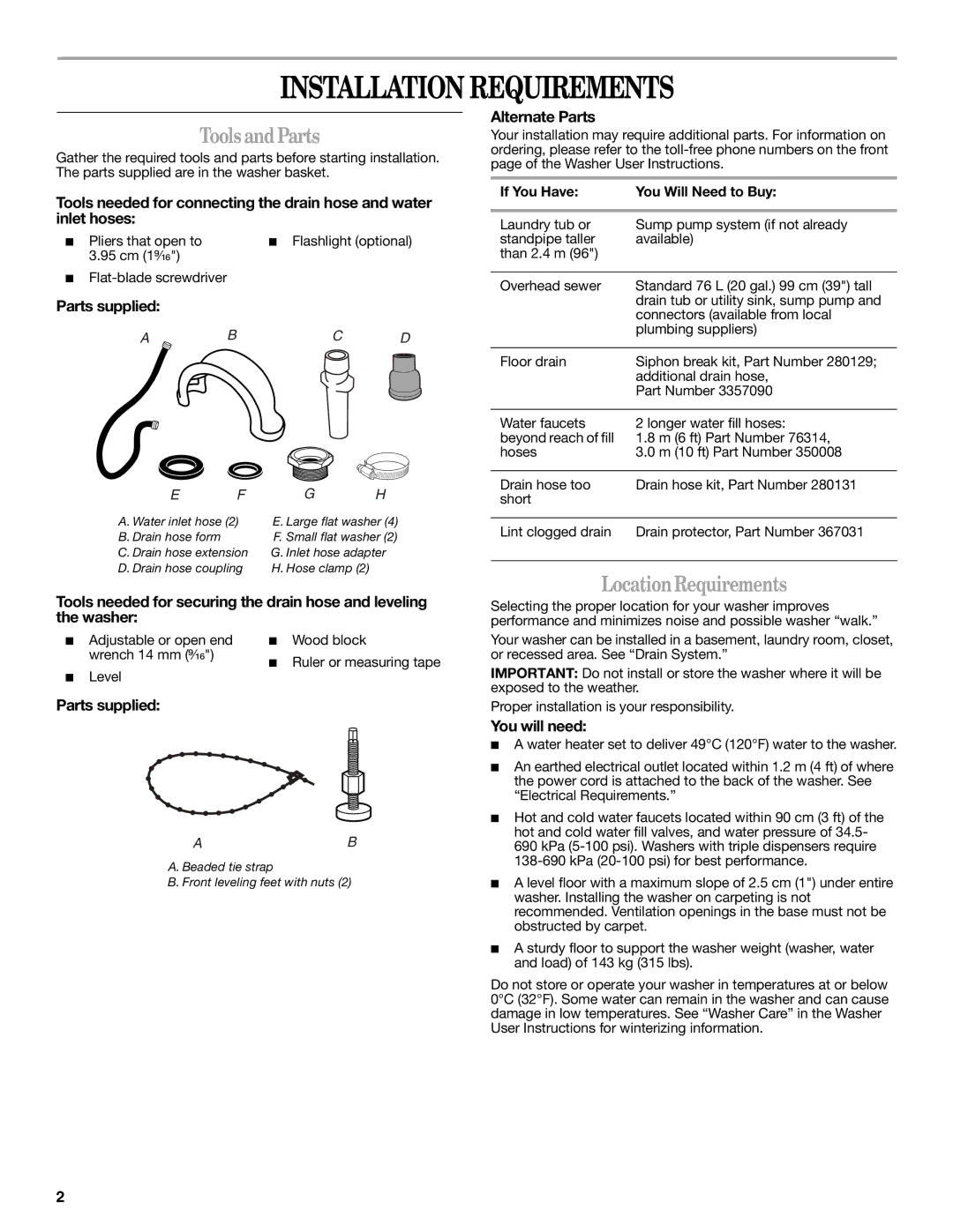 Whirlpool W10038100 installation instructions Installation Requirements, Tools and Parts, Location Requirements 