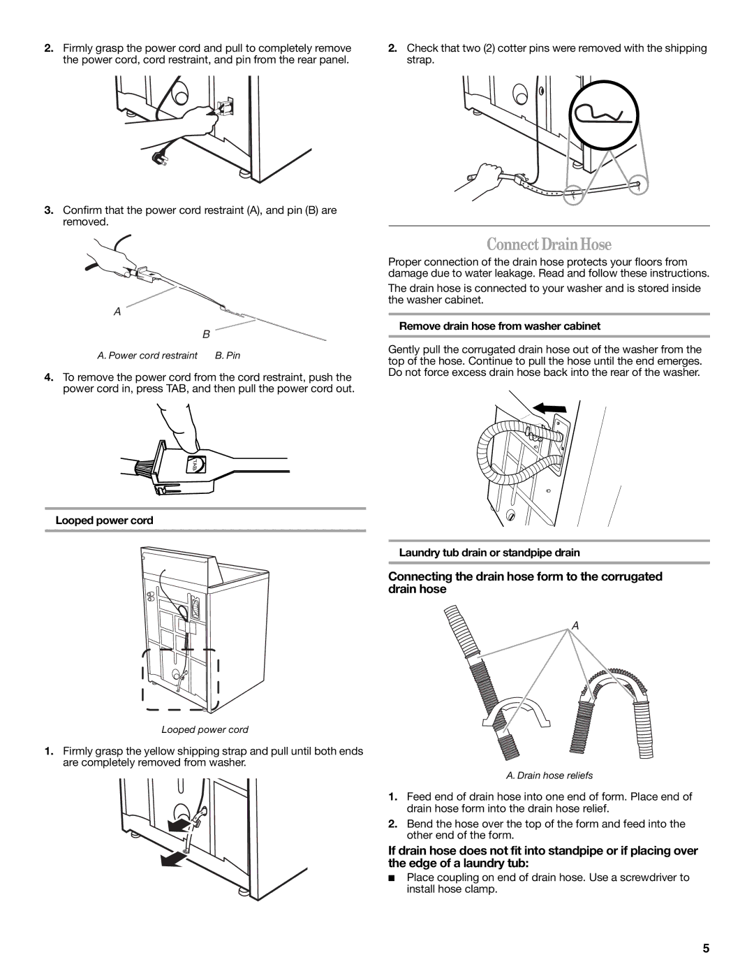 Whirlpool W10038100 Connect Drain Hose, Connecting the drain hose form to the corrugated drain hose, Looped power cord 