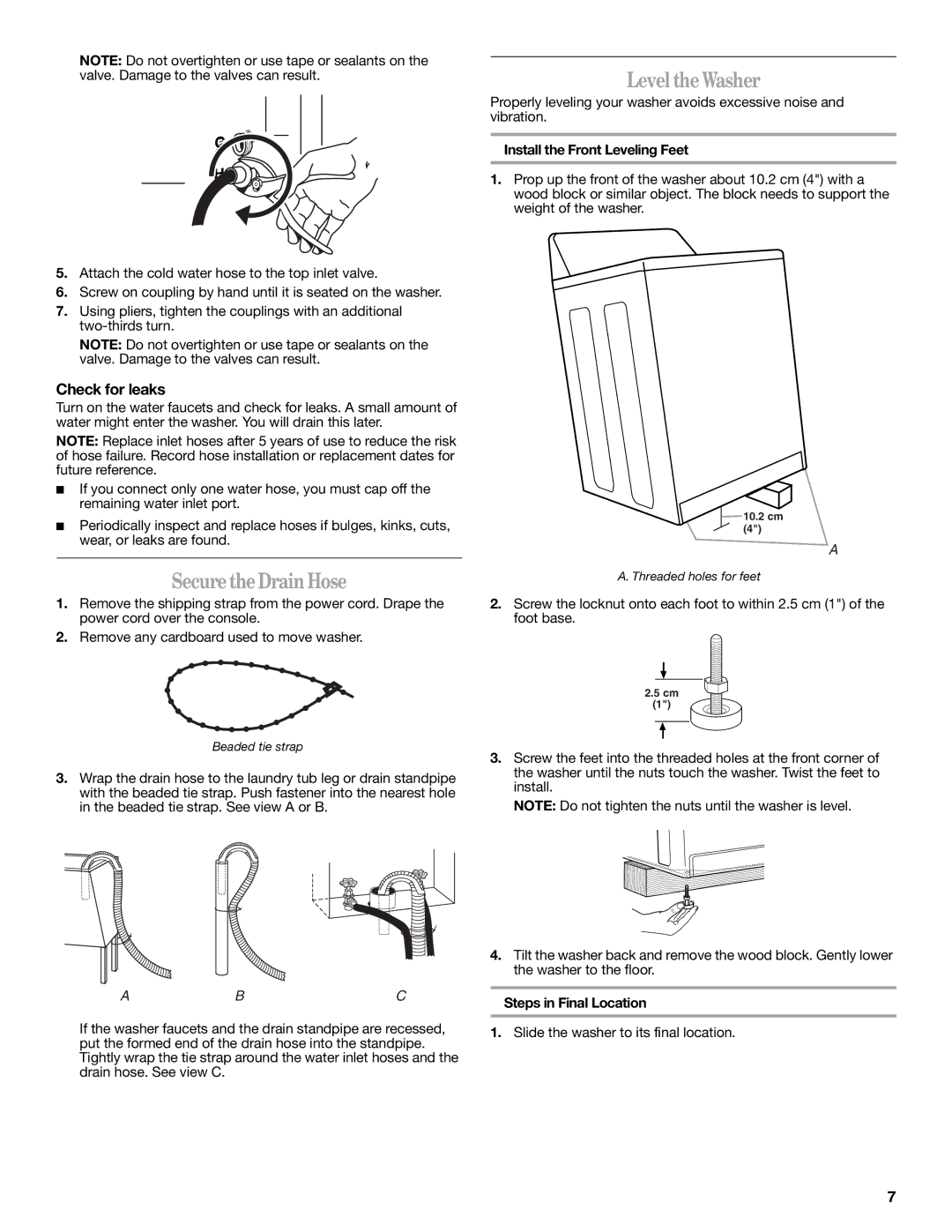 Whirlpool W10038100 Secure the Drain Hose, Level the Washer, Check for leaks, Install the Front Leveling Feet 