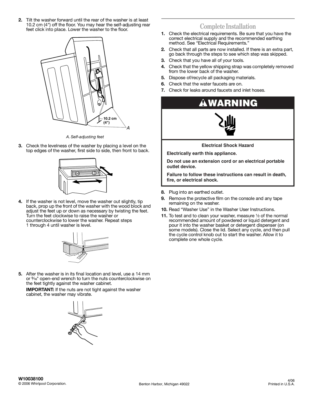 Whirlpool W10038100 installation instructions Complete Installation, Self-adjusting feet 