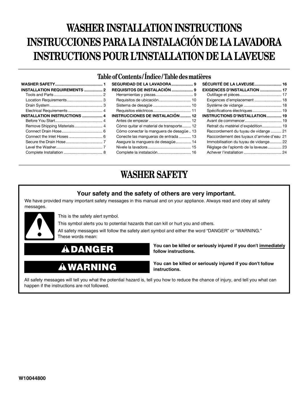 Whirlpool W10044800 installation instructions Washer Installation Instructions, Washer Safety 