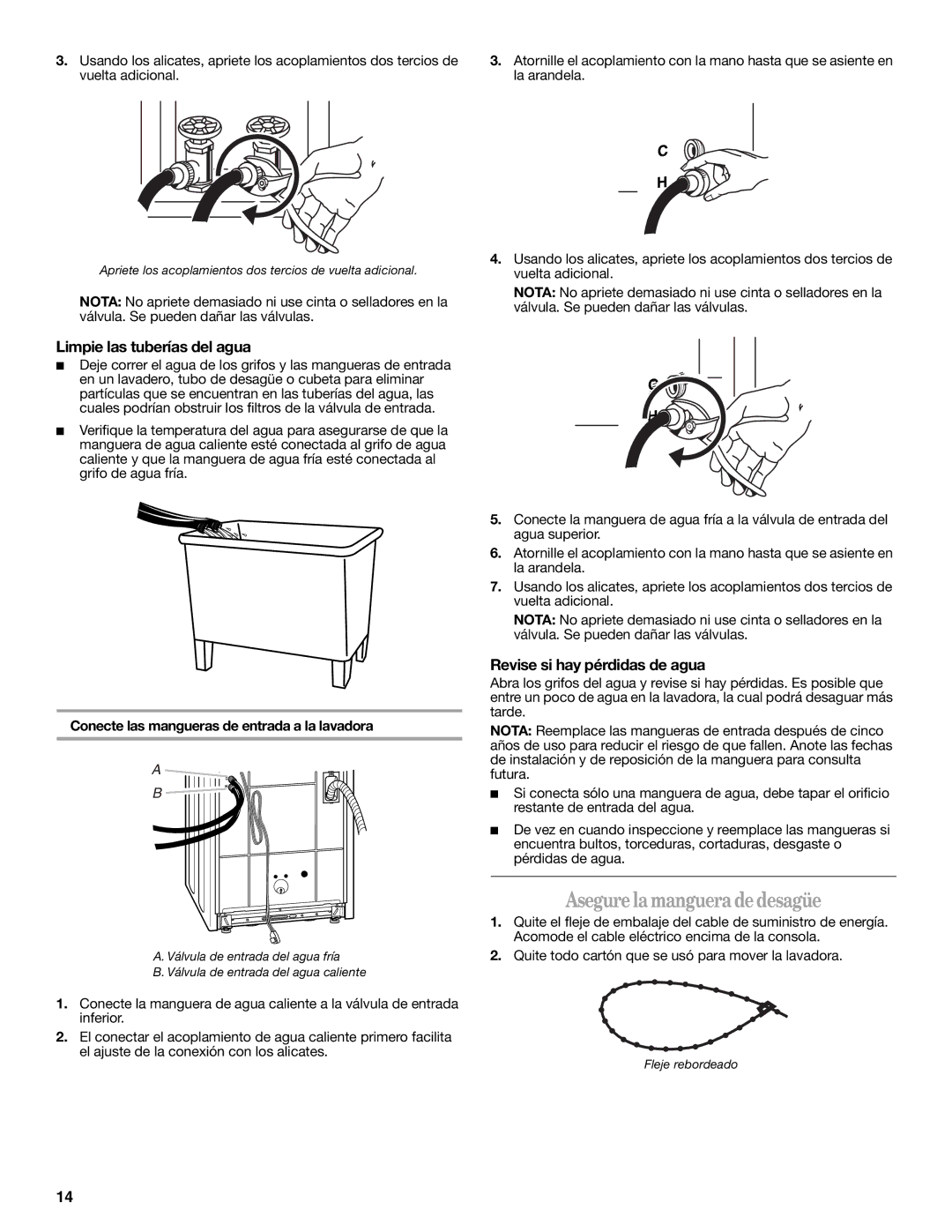 Whirlpool W10044800 Asegurela mangueradedesagüe, Limpie las tuberías del agua, Revise si hay pérdidas de agua 