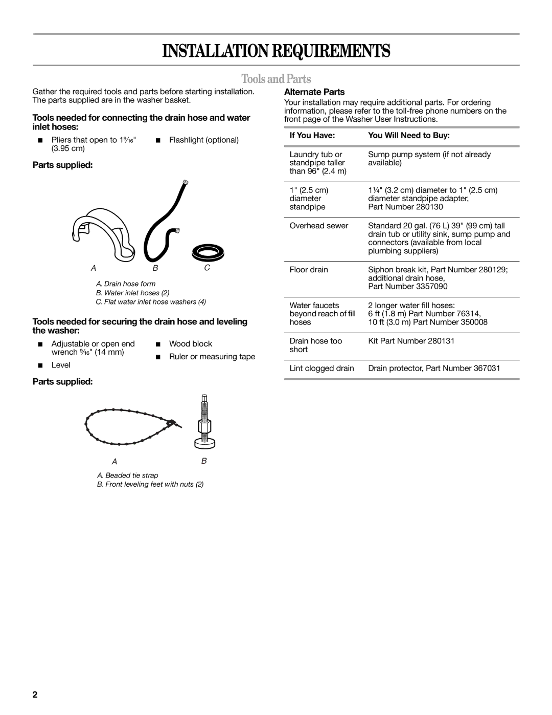 Whirlpool W10044800 installation instructions Installation Requirements, Tools andParts, Parts supplied, Alternate Parts 