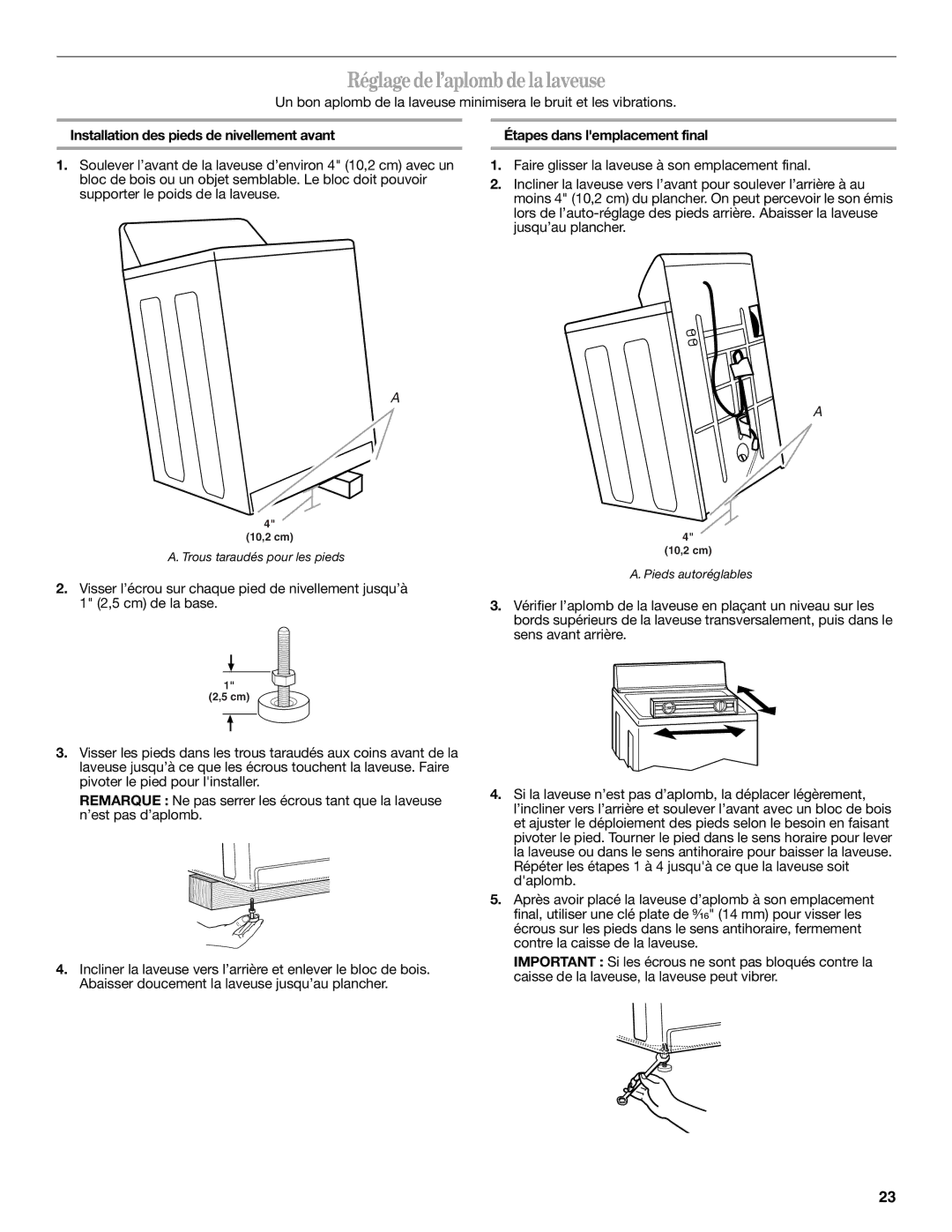 Whirlpool W10044800 installation instructions Réglagedel’aplomb delalaveuse 