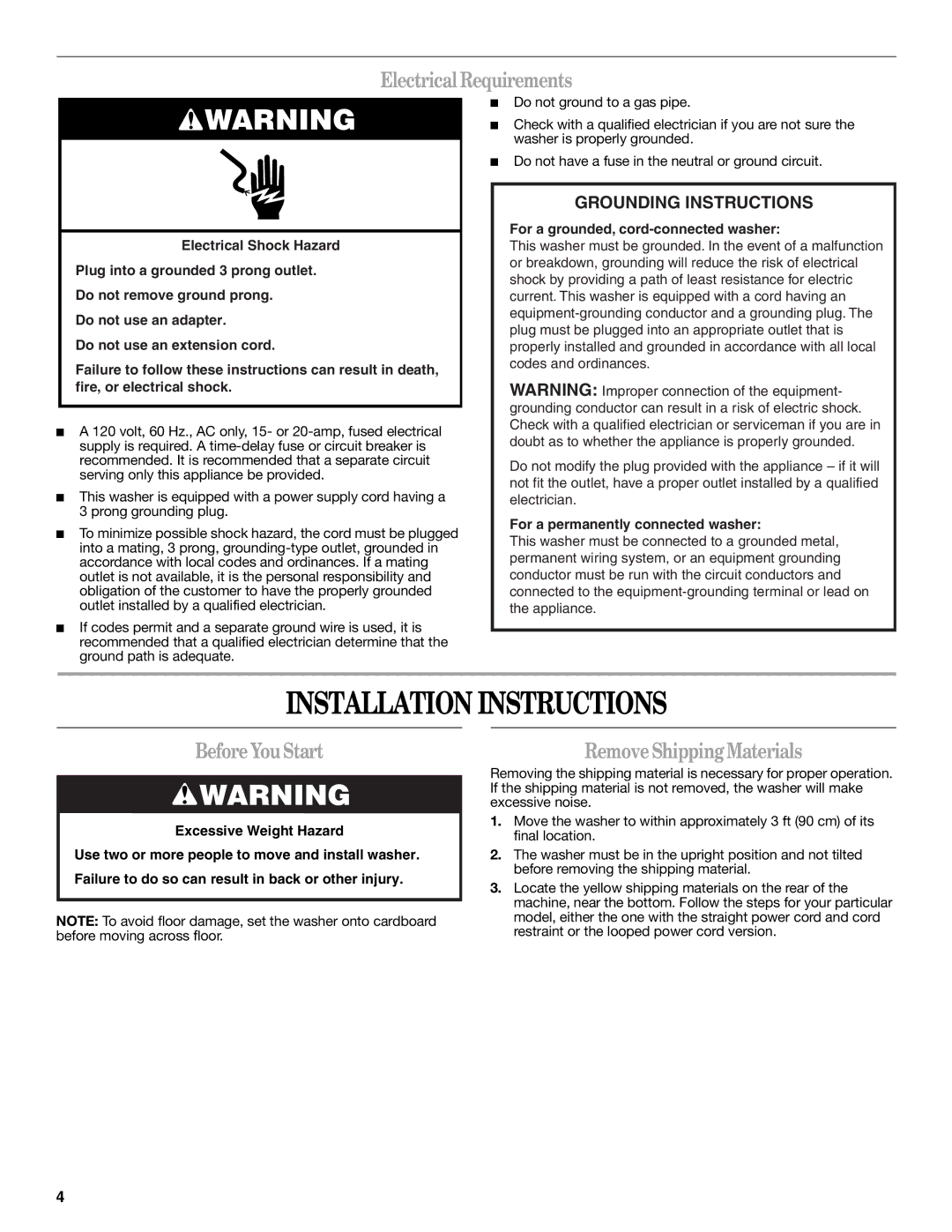 Whirlpool W10044800 Installation Instructions, ElectricalRequirements, BeforeYouStart, For a permanently connected washer 