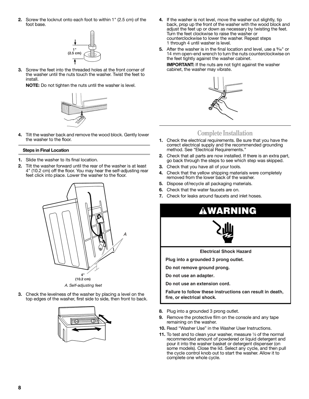 Whirlpool W10044800 CompleteInstallation, Steps in Final Location, Slide the washer to its final location 