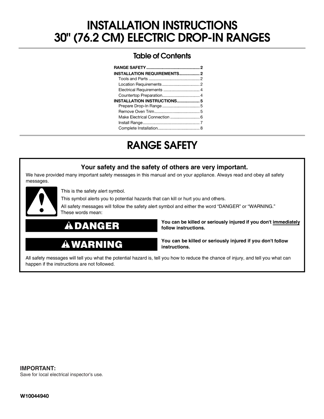 Whirlpool W10044940 installation instructions Range Safety, Table of Contents 