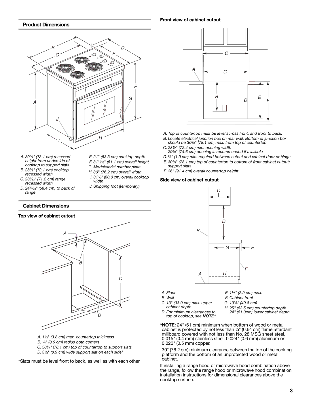 Whirlpool W10044940 Product Dimensions, Cabinet Dimensions, Front view of cabinet cutout, Side view of cabinet cutout 