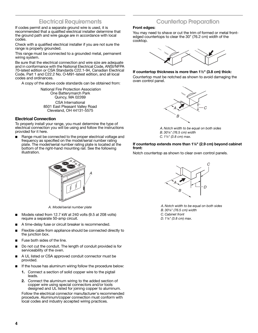 Whirlpool W10044940 Electrical Requirements, Countertop Preparation, Electrical Connection, Front edges 