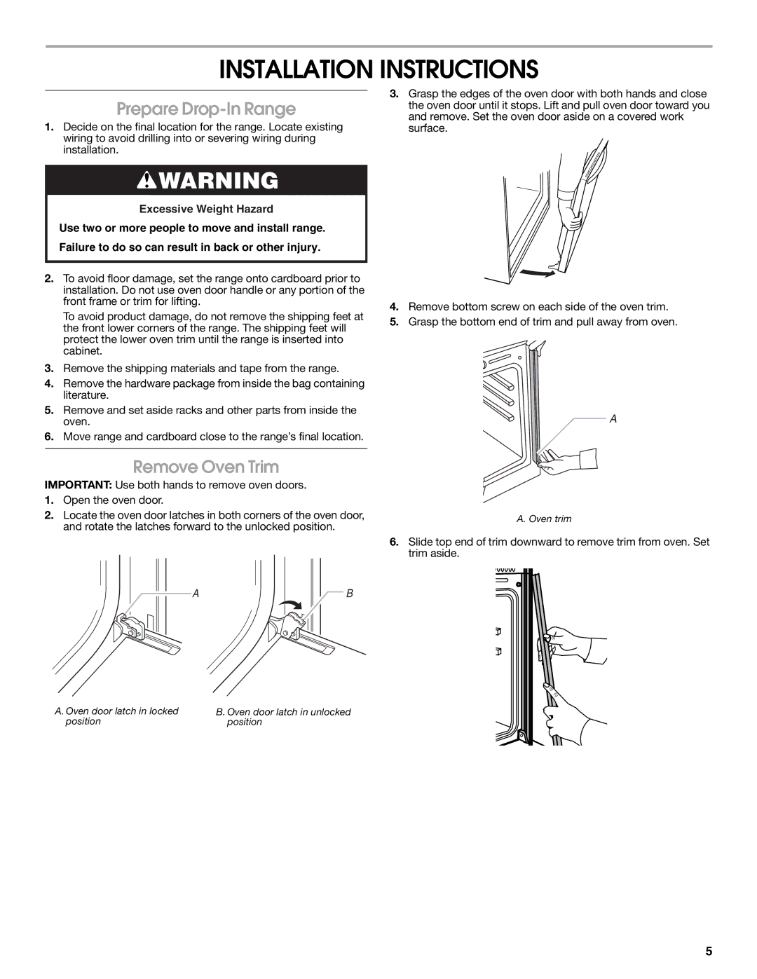 Whirlpool W10044940 installation instructions Installation Instructions, Prepare Drop-In Range, Remove Oven Trim 