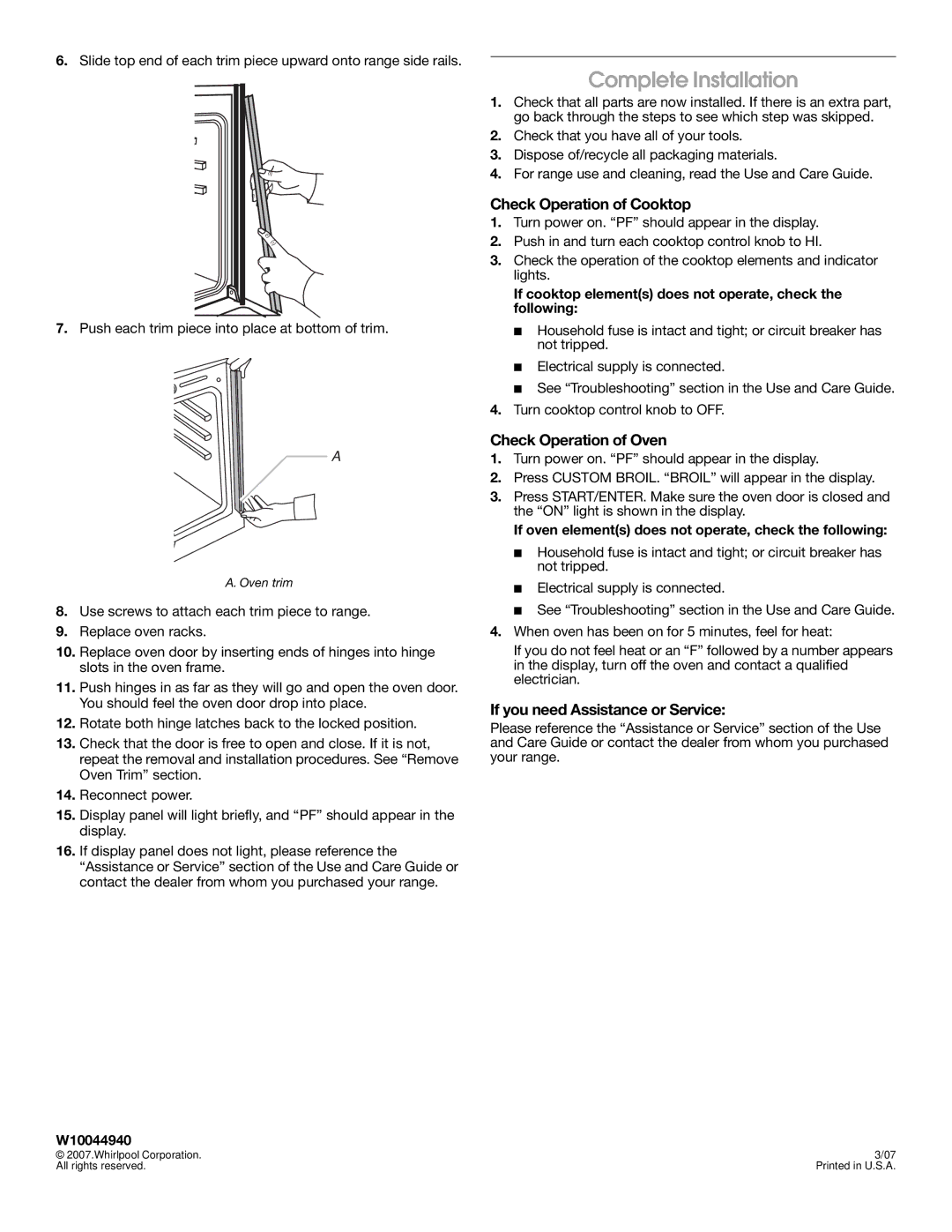 Whirlpool W10044940 installation instructions Complete Installation, Check Operation of Cooktop, Check Operation of Oven 