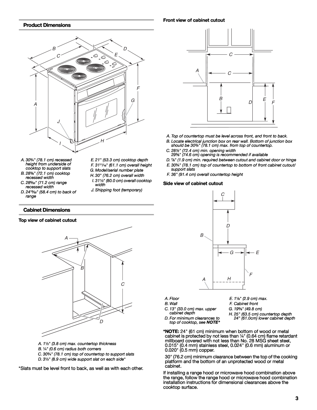 Whirlpool W10044940 Product Dimensions, Cabinet Dimensions, Front view of cabinet cutout, D E C, Gbd E F, A B C D 