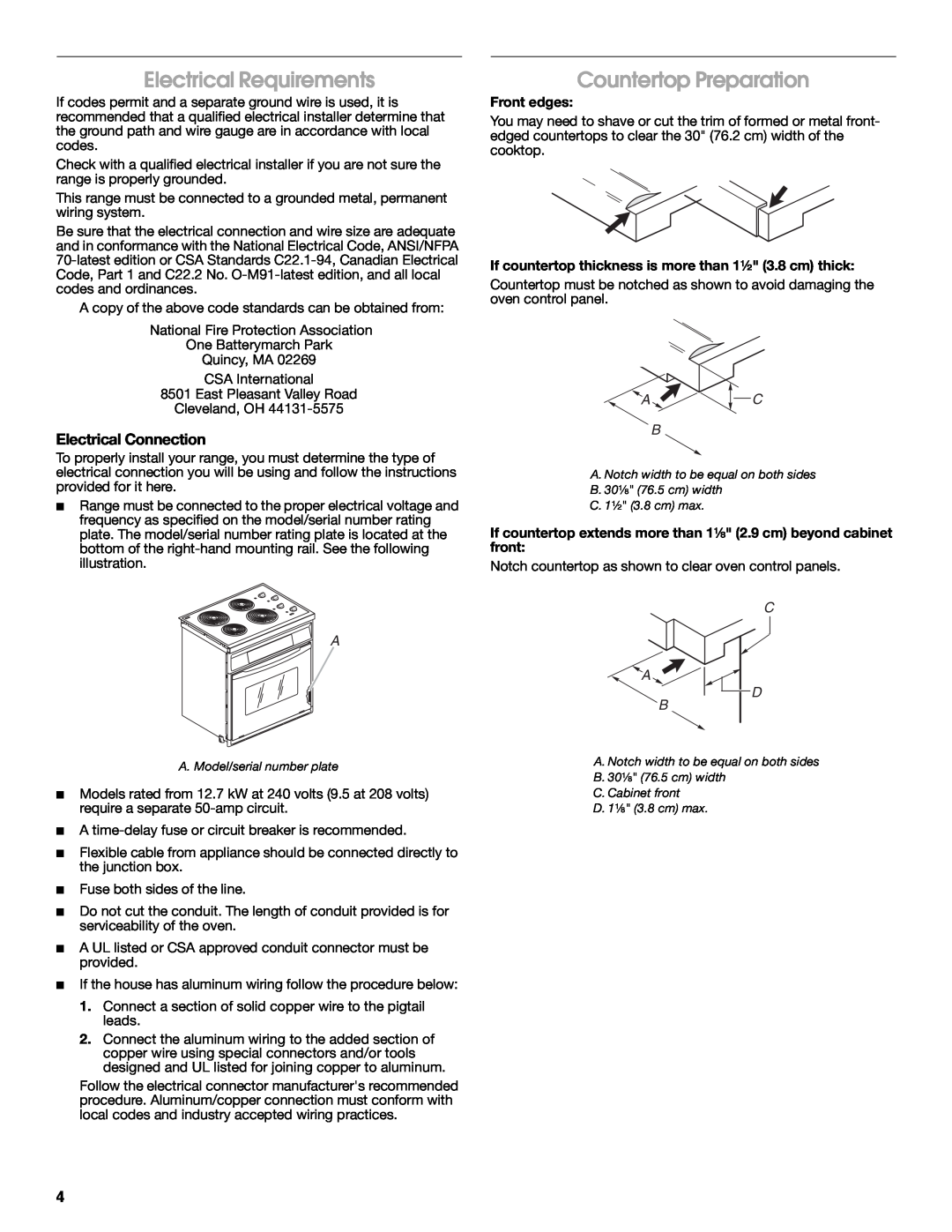 Whirlpool W10044940 Electrical Requirements, Countertop Preparation, Electrical Connection, Front edges, Ac B, C A D B 