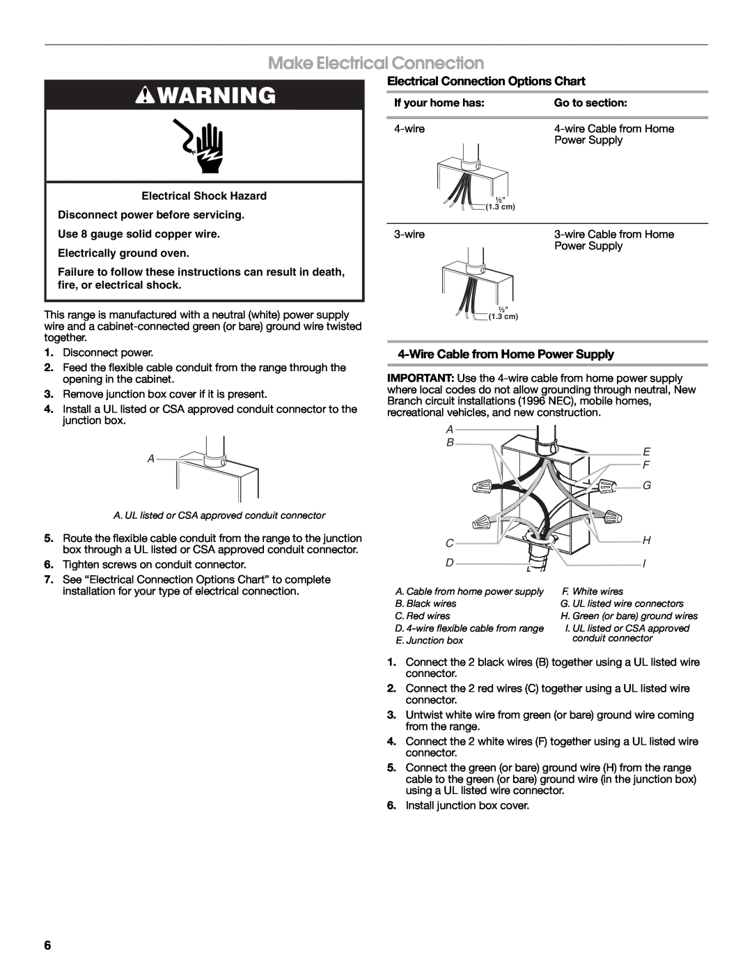Whirlpool W10044940 Make Electrical Connection, Electrical Connection Options Chart, Wire Cable from Home Power Supply 