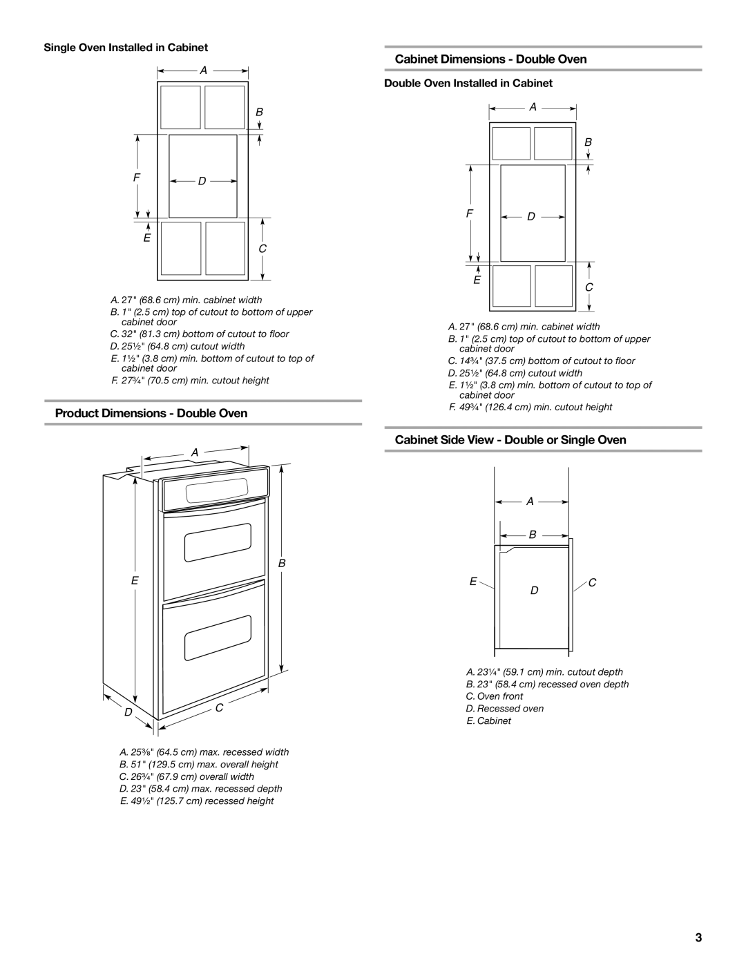 Whirlpool W10045000 Product Dimensions Double Oven, Cabinet Dimensions Double Oven, Single Oven Installed in Cabinet 