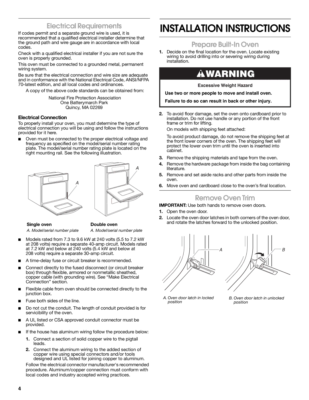 Whirlpool W10045000 Electrical Requirements, Prepare Built-In Oven, Remove Oven Trim, Electrical Connection 