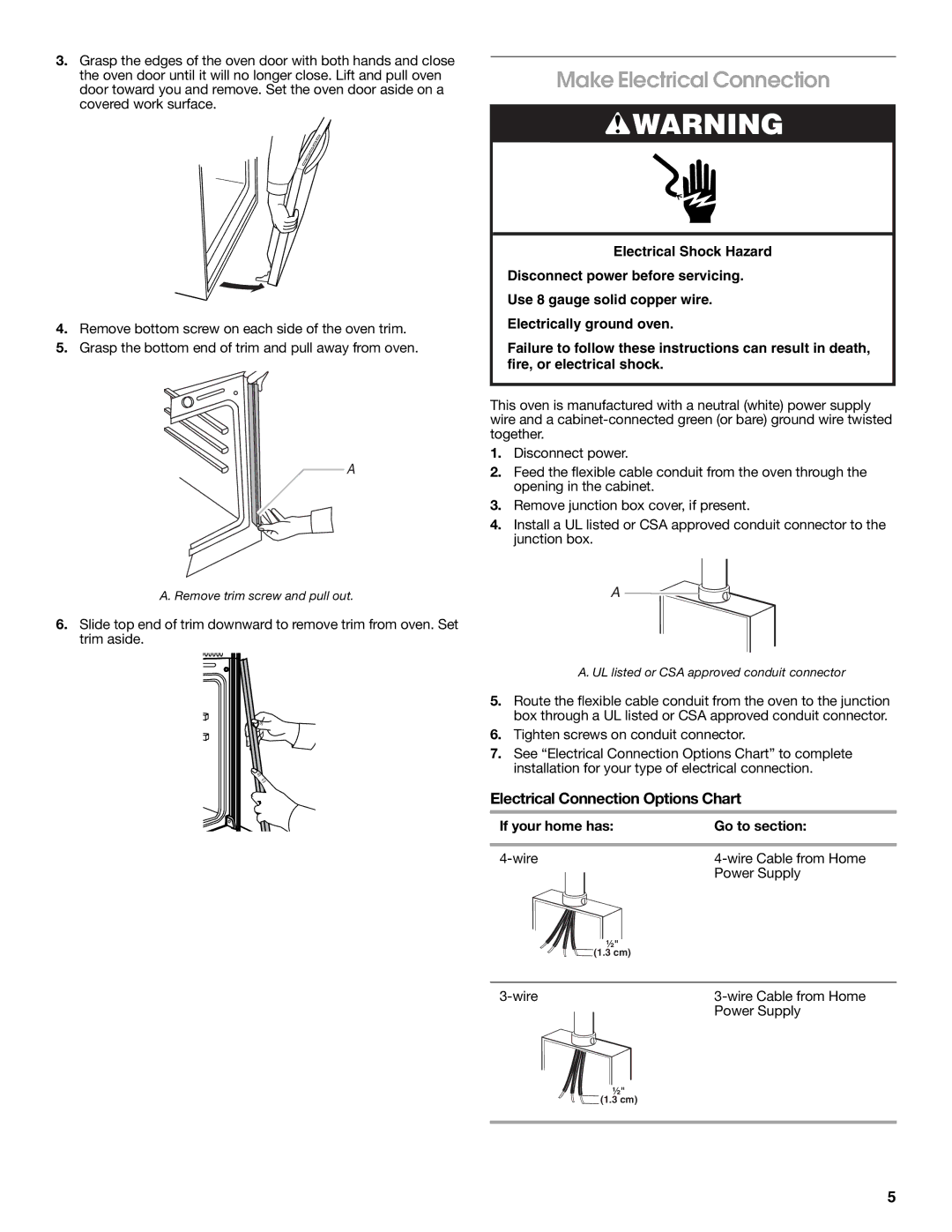 Whirlpool W10045000 Make Electrical Connection, Electrical Connection Options Chart, If your home has Go to section, Wire 