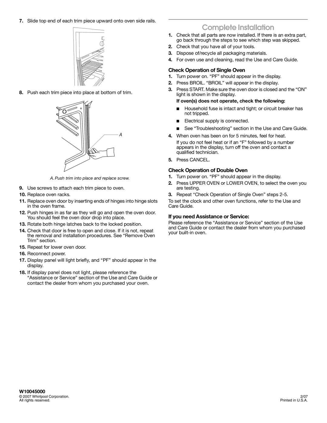 Whirlpool W10045000 Complete Installation, Check Operation of Single Oven, Check Operation of Double Oven 