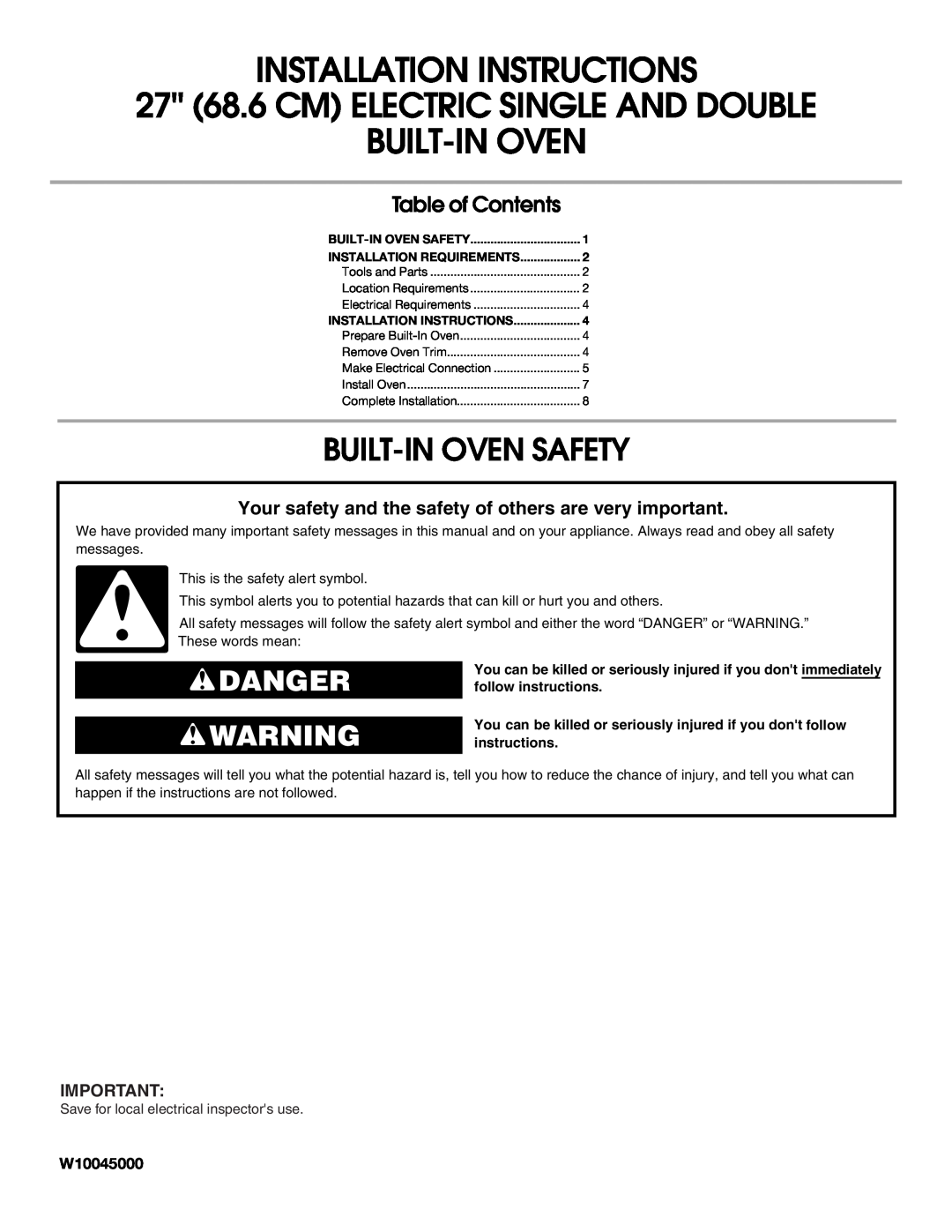 Whirlpool W10045000 installation instructions Built-In Oven Safety, Danger, Table of Contents 