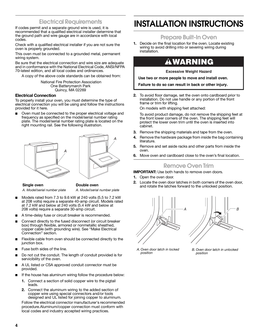 Whirlpool W10045010 Electrical Requirements, Prepare Built-In Oven, Remove Oven Trim, Electrical Connection 