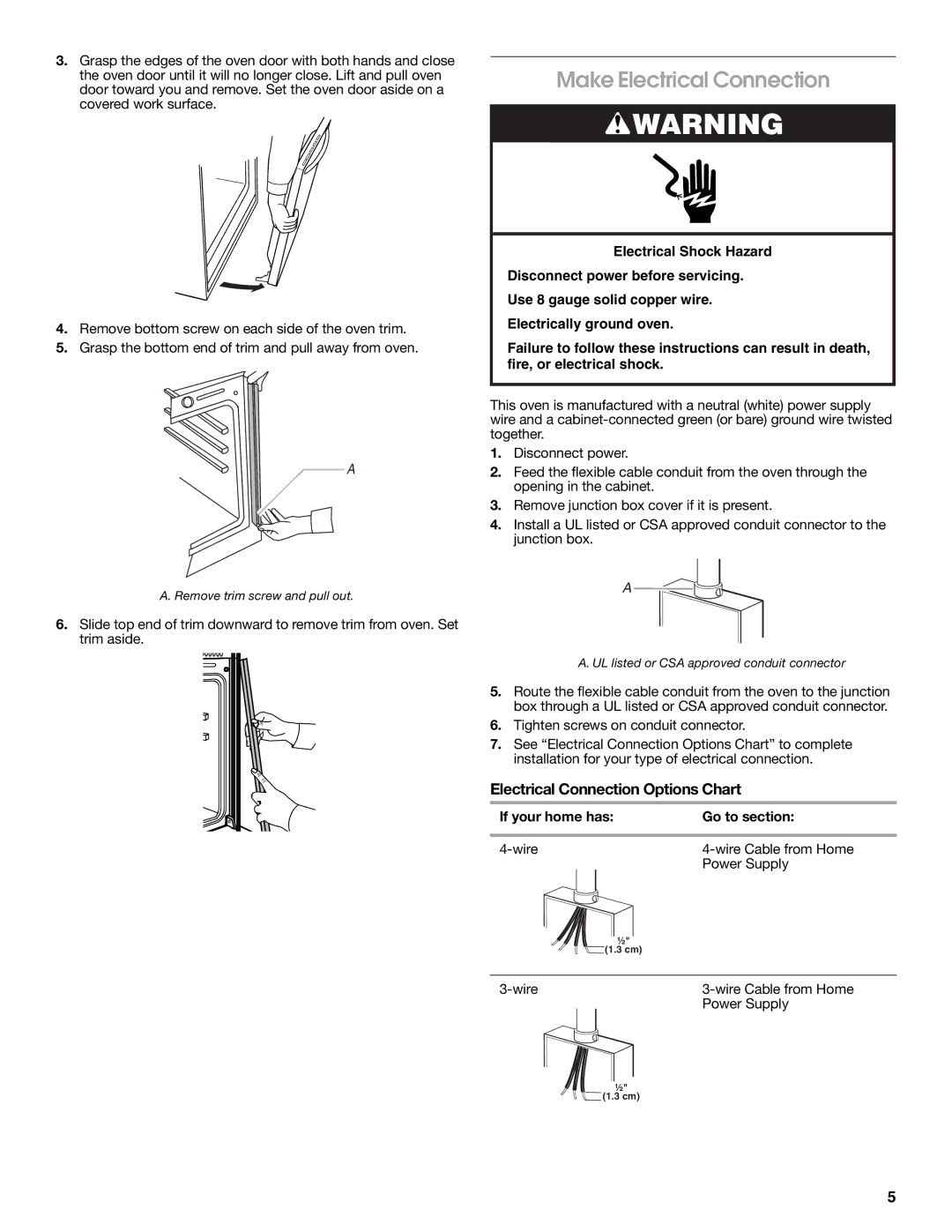 Whirlpool W10045010 Make Electrical Connection, Electrical Connection Options Chart, If your home has Go to section, Wire 