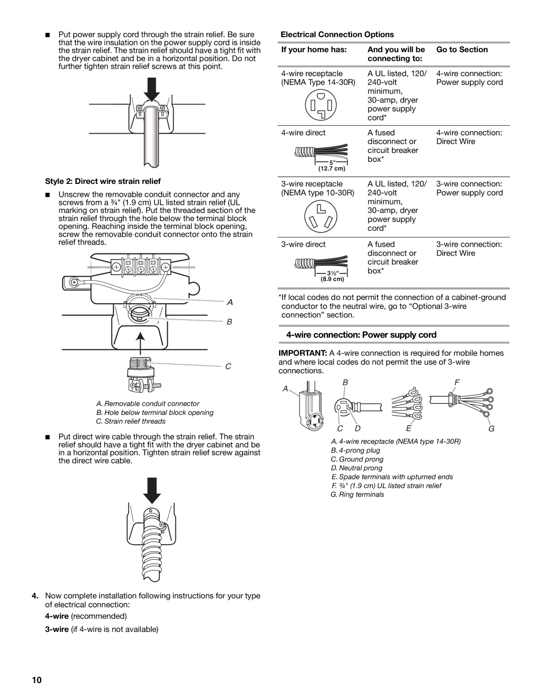 Whirlpool W10049540 manual Wire connection Power supply cord, Style 2 Direct wire strain relief 