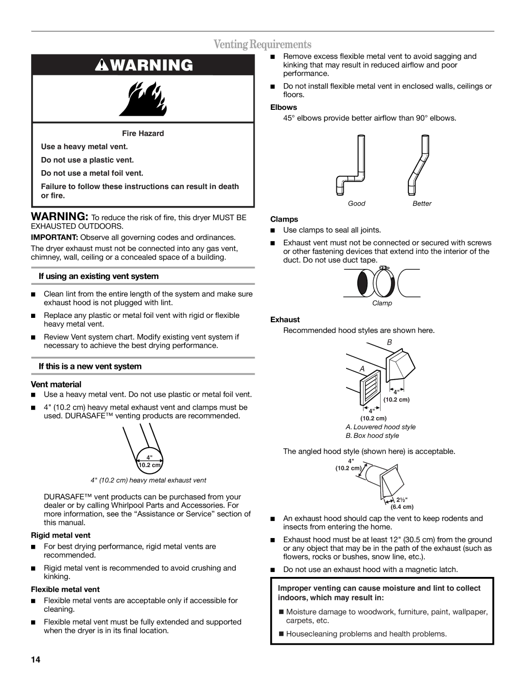 Whirlpool W10049540 Venting Requirements, If using an existing vent system, If this is a new vent system Vent material 