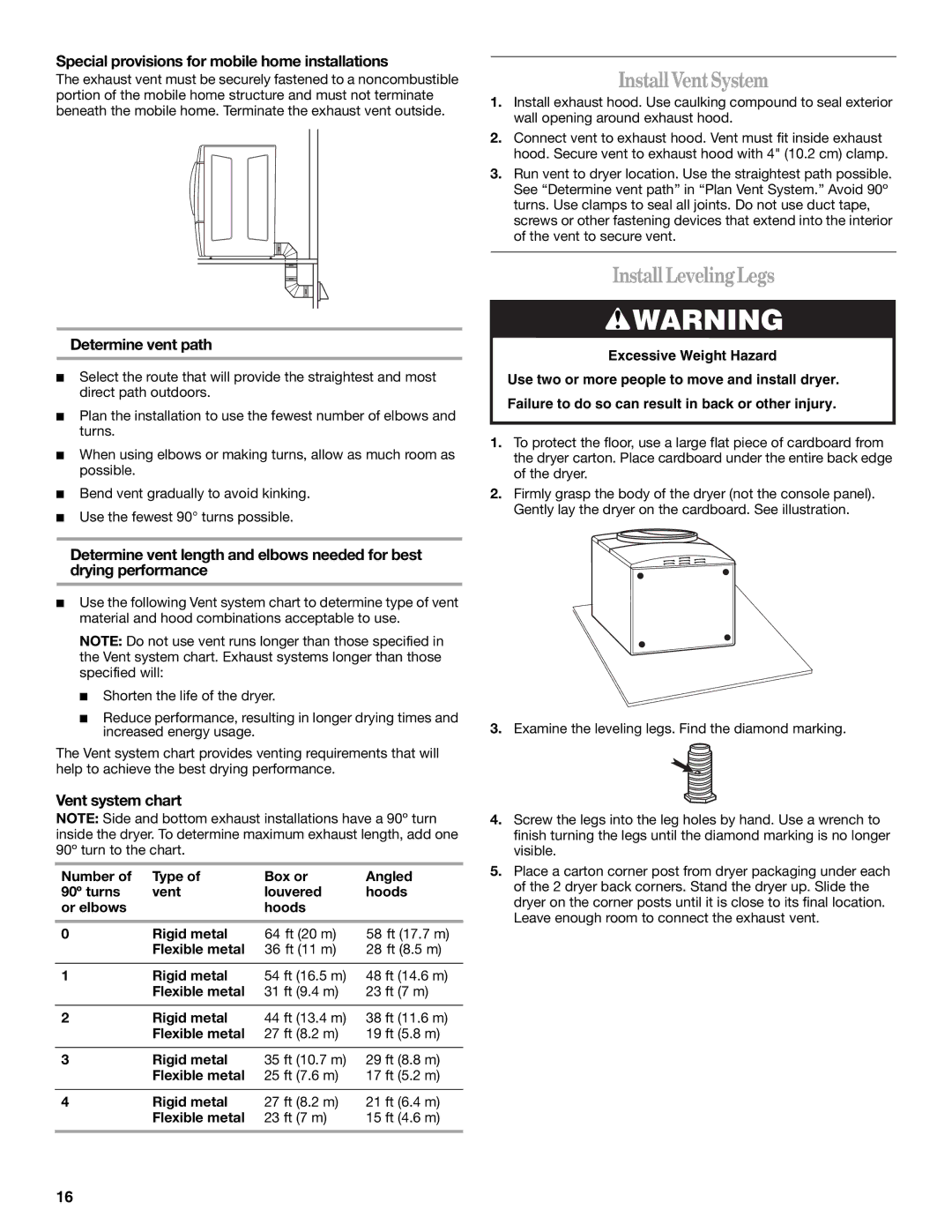 Whirlpool W10049540 manual Install Vent System, Install Leveling Legs, Special provisions for mobile home installations 