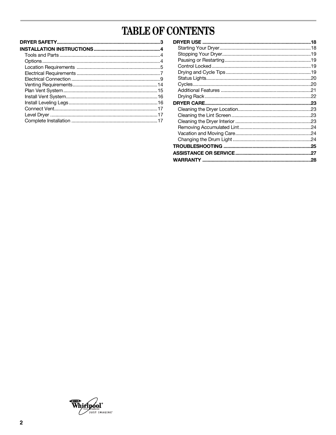 Whirlpool W10049540 manual Table of Contents 