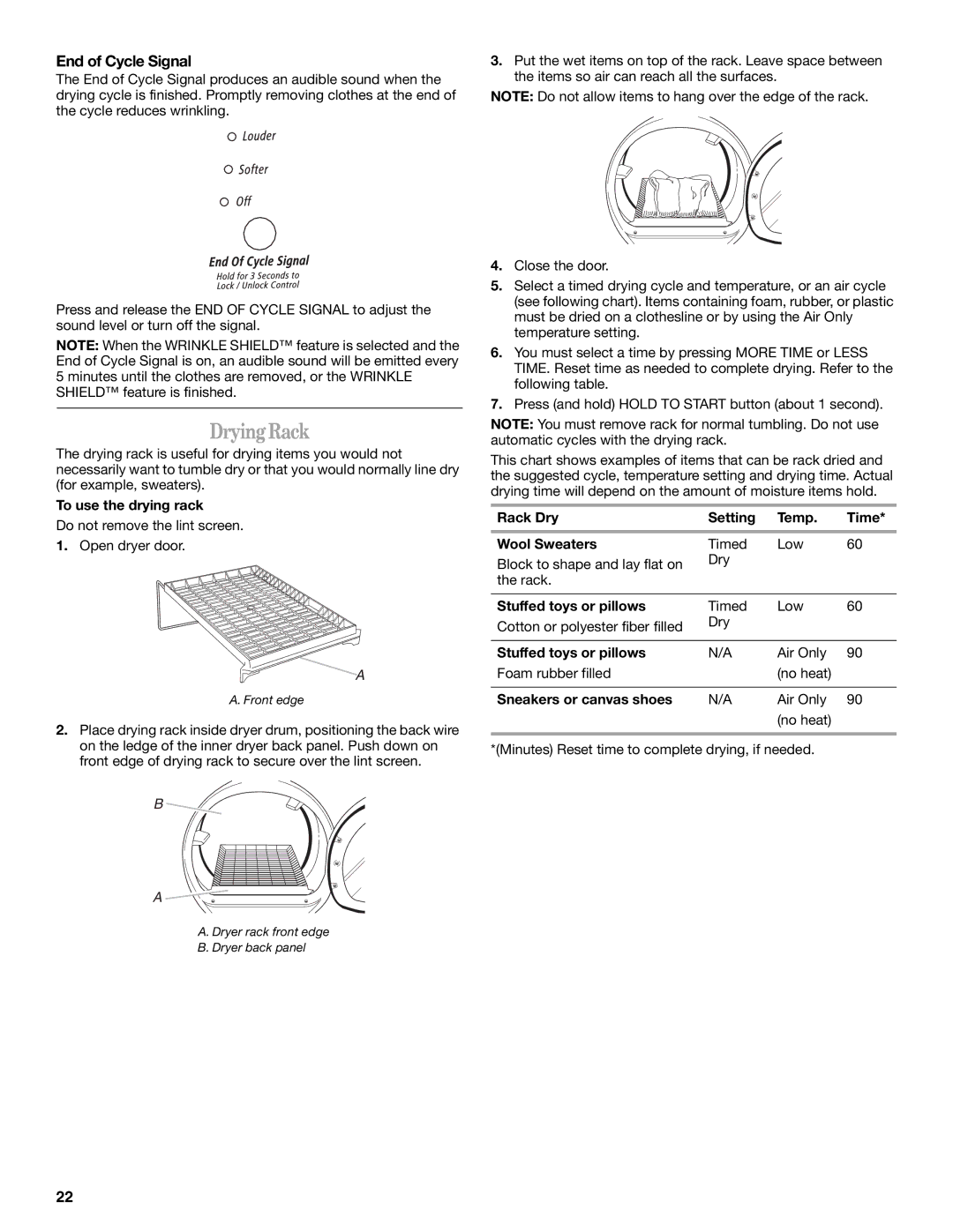 Whirlpool W10049540 manual Drying Rack, End of Cycle Signal 