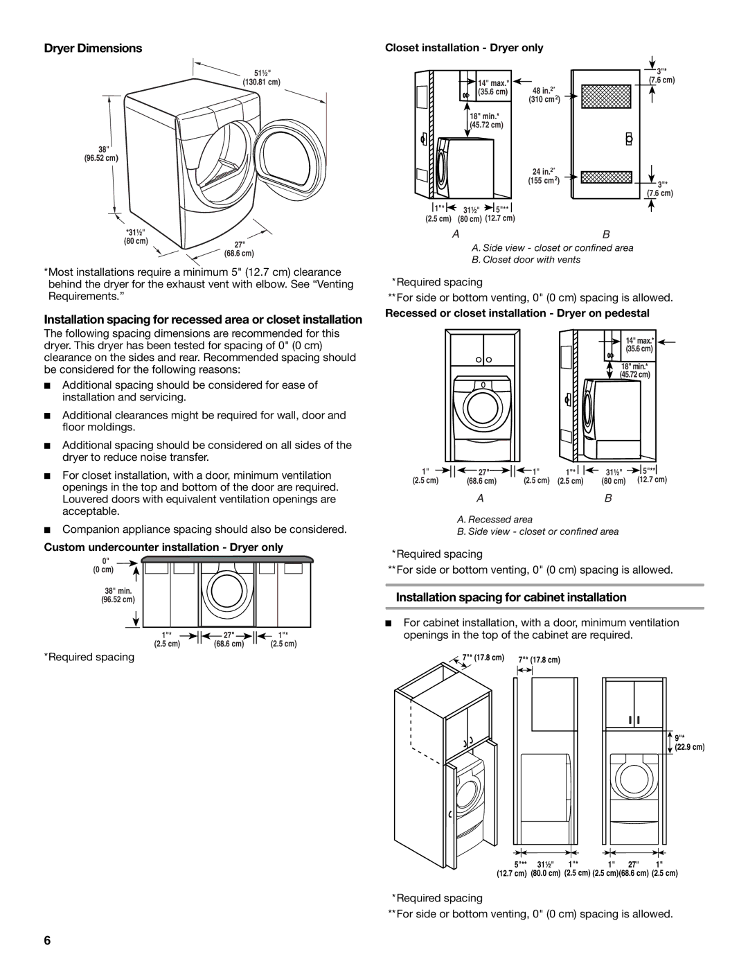 Whirlpool W10049540 manual Dryer Dimensions, Installation spacing for cabinet installation, Closet installation Dryer only 