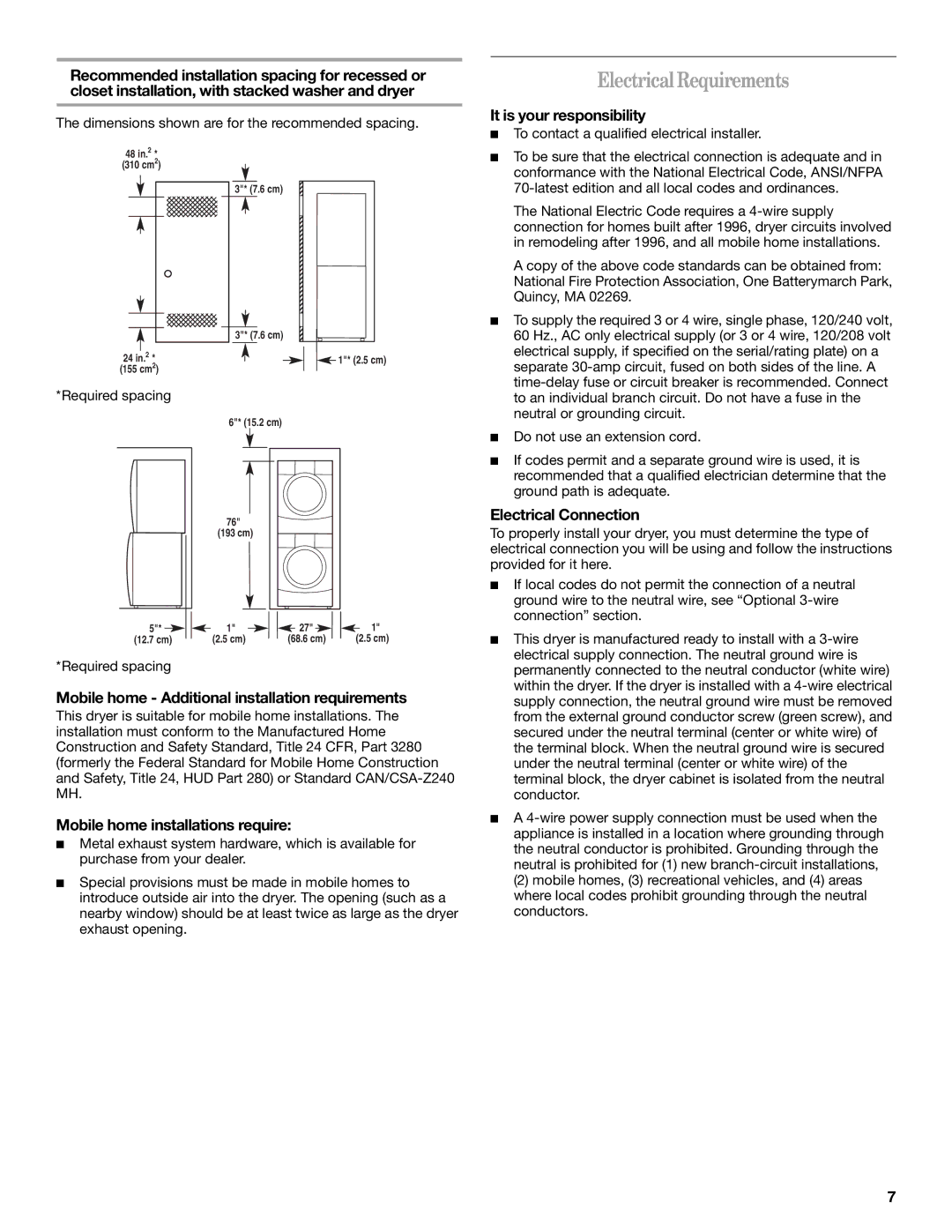 Whirlpool W10049540 Electrical Requirements, Mobile home Additional installation requirements, It is your responsibility 