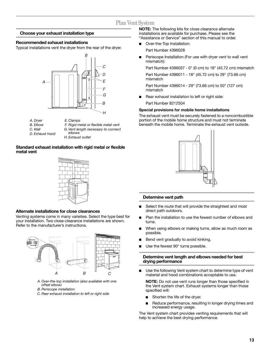 Whirlpool W10054070A manual PlanVentSystem, Alternate installations for close clearances, Determine vent path 